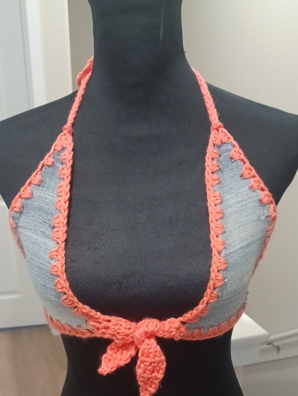 Handmade Coral-Trim Denim Halter Crop Top